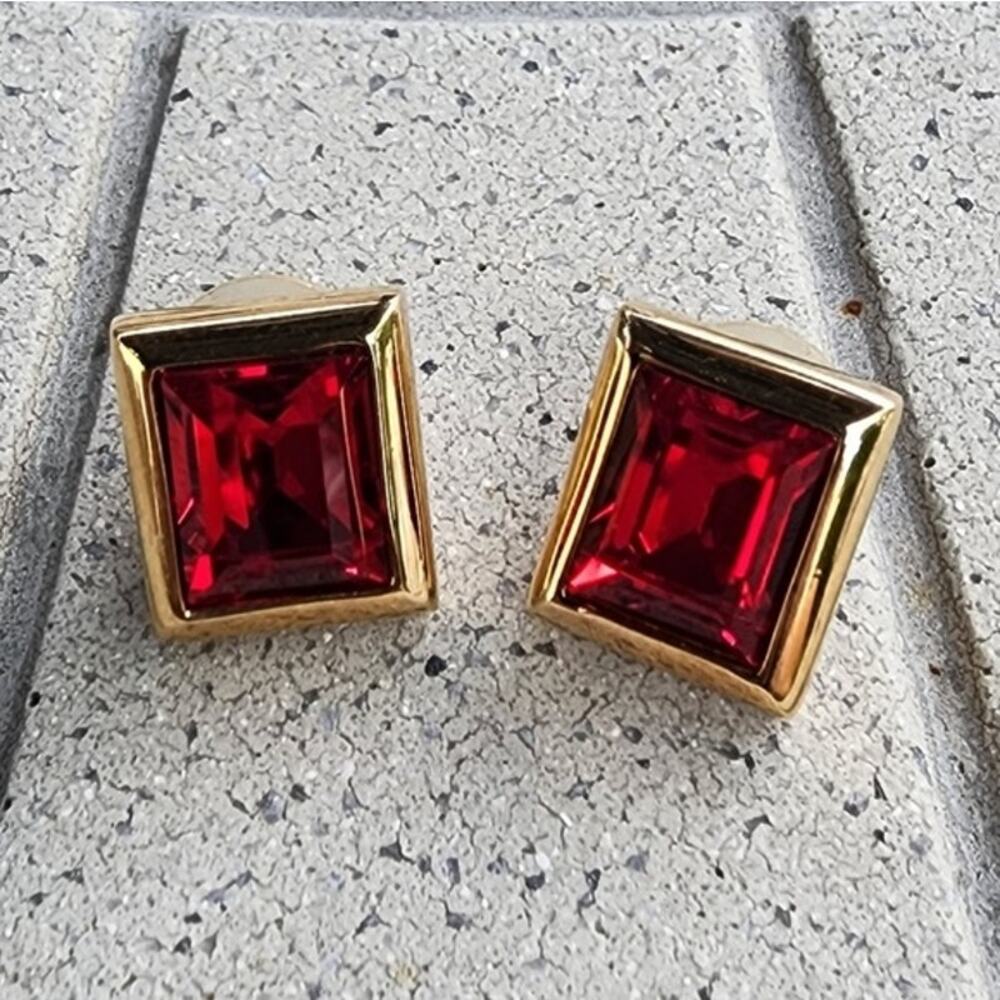 Vintage Signed SAL Swarovski Red Crystal Gold Plated Rectangle Earrings